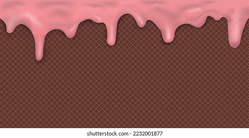 Sweet seamless panoramic ice cream pattern with dripping pink icing and wafer texture - Vector illustration