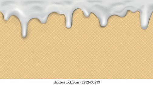 Sweet seamless panoramic ice cream pattern with dripping white icing and wafer texture - Vector illustration