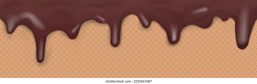 Sweet seamless panoramic ice cream pattern with dripping dark chocolate icing and wafer texture - Vector illustration