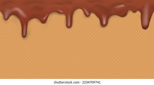 Sweet seamless panoramic ice cream pattern with dripping dark chocolate icing and wafer texture - Vector illustration