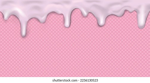 Sweet seamless panoramic ice cream pattern with dripping pink icing and wafer texture - Vector illustration