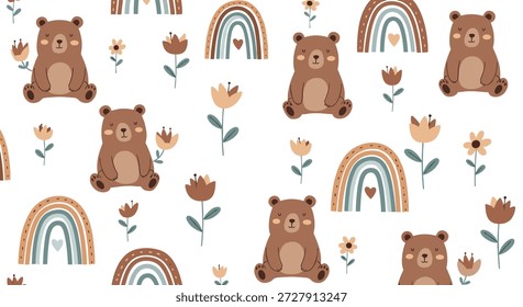 Dulce patrón sin fisuras de adorables osos marrones sentados entre arcoíris de tonos terrosos y flores de primavera sobre un fondo blanco.
