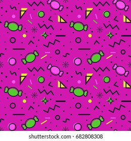 Sweet seamless pattern with candies and abstract geometric shapes in memphis style. Trendy vector background in purple, green, yellow and black colors.