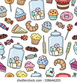 Sweet seamless pattern with candy, cakes, cupcakes, donuts, pastry
