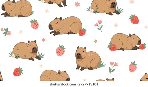 O doce padrão sem emenda de capivaras descansa na grama com morangos maduros e flores florescentes para um tema animal acolhedor e encantador.