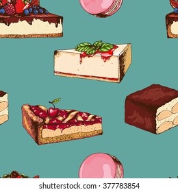 Sweet seamless pattern with Cheesecake, Tiramisu, Macaroon,  Berries cake. Ink drawn vector illustration on brown background with points.