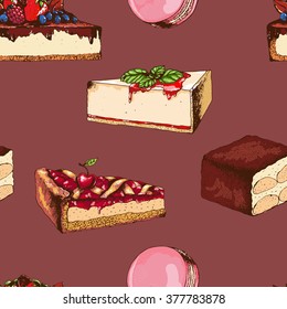Sweet seamless pattern with Cheesecake, Tiramisu, Macaroon,  Berries cake. Ink drawn vector illustration on brown background with points.
