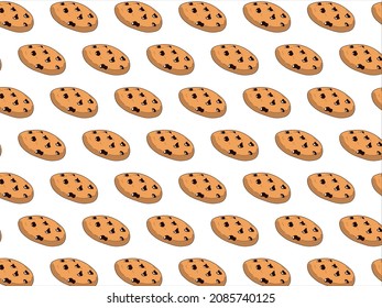 Sweet seamless pattern with chocolate chip cookies on white background. Pastry backdrop. Vector illustration.