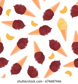 Sweet seamless pattern with chocolate and vanilla ice cream cones and tangerine slice. Summer cool textile or fabric texture