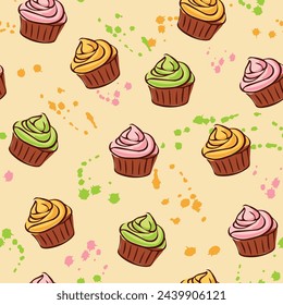Sweet seamless pattern with colorful cupcakes and colorful fun splashes and paint stains. Cute design with cakes suitable for prints, fabric, background and wrapping paper