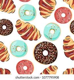 Sweet seamless pattern with croissant and donuts. Vector background for cafe, food design and packaging. 