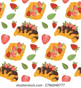 Sweet seamless pattern with croissants eclairs strawberries and leaves. Cute bakery background for packaging textile fabric wallpaper wrapping paper and cafe decor. Vector illustration.