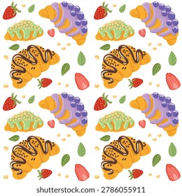 Sweet seamless pattern with croissants strawberries blueberries and leaves. Cute bakery background for packaging textile fabric wallpaper wrapping paper and cafe decor. Vector illustration