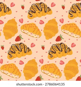 Sweet seamless pattern with croissants strawberries and hearts. Cute bakery dessert background for packaging textile fabric wallpaper wrapping paper and cafe decor. Vector illustration.