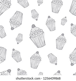 Sweet seamless pattern with cupcake.  Doodle style hand drawn vector background. Restaurant menu or tea party background.Vector illustration.