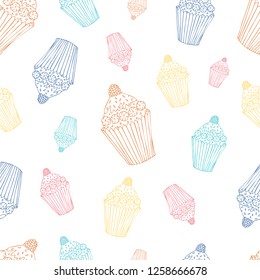 Sweet seamless pattern with cupcake.  Doodle style hand drawn vector background. Restaurant menu or tea party background.Vector illustration.