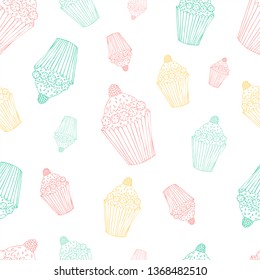Sweet seamless pattern with cupcake. Doodle style hand drawn vector background. Restaurant menu or tea party background.Vector illustration.