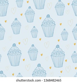 Sweet seamless pattern with cupcake and heart. Doodle style hand drawn vector background. Restaurant menu or tea party background.Vector illustration.