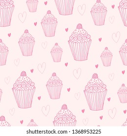 Sweet seamless pattern with cupcake and heart. Doodle style hand drawn vector background. Restaurant menu or tea party background.Vector illustration.