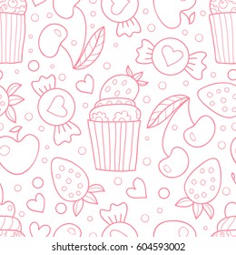 Sweet seamless pattern with cupcakes and candy's. Cute vector print