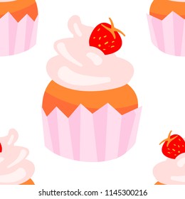 Sweet seamless pattern with cupcakes on a white background. Confectionary backdrop for your design. Vector illustration