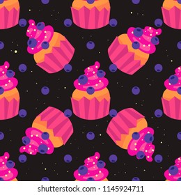 Sweet seamless pattern with cupcakes on a black background. Confectionary backdrop for your design. Vector illustration