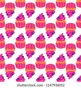 Sweet seamless pattern with cupcakes on a white background. Confectionary backdrop for your design. Vector illustration