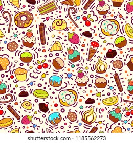 Sweet seamless pattern with cupcakes, sweets, ice-creams, cookies. Pastry seamless pattern. For birthday card, menu, package, textile, fabric, wrapping, wallpaper.