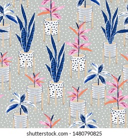 Sweet of Seamless pattern with cute botanical house plants in hand drawn style on with white polka dot, Design for fashion, fabric, web, wallpaper , wrapping and all prints on light grey background