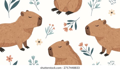 Dulce patrón sin fisuras de lindos capibaras y flores de colores con hojas sobre un fondo blanco limpio para una decoración de vivero.