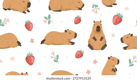 Dulce patrón sin fisuras de lindos capibaras, fresas maduras y pequeñas flores de color rosa sobre un fondo blanco brillante para los textiles y la decoración del vivero.