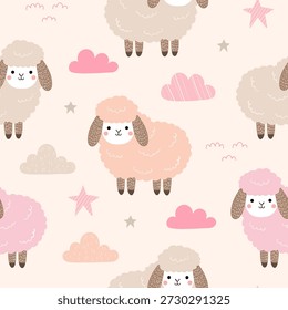 Doce padrão sem costura com ovelhas rosa fofas, nuvens e estrelas em um fundo creme suave. Papel de parede de berçário adorável em um estilo plano desenhado à mão, perfeito para roupas de cama de bebê, pijamas e decoração de quarto recém-nascido.
