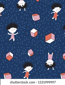 Sweet seamless pattern with cute kids. Seamless background for kids design, wrapping paper, wallpaper, textile, apparel, fabric. Vector illustration 