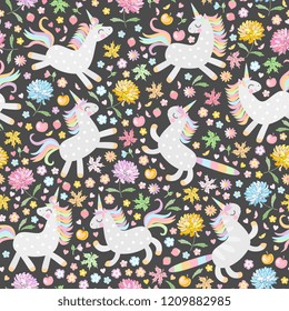 Sweet seamless pattern with cute unicorns, flowers and fruits on black background in vector.