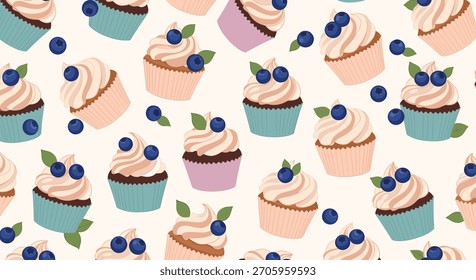 Patrón dulce sin fisuras de deliciosos cupcakes con glaseado cremoso y arándanos frescos en forros de colores sobre un diseño de fondo claro.