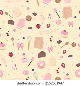 Sweet seamless pattern. Design with dessert, kitchen equipment, ingredients, baked goods and ribbon on yellow
background. 
