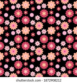 Sweet seamless pattern design of pink flowers that blooming on black background. Decorating for wrapping paper, wallpaper, fabric and etc.