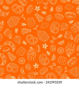 Sweet seamless pattern with different desserts: cupcake, ice cream, pie, fruits. Doodle style hand drawn vector background. Restaurant menu or tea party background. 