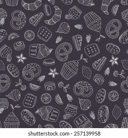 Sweet seamless pattern with different desserts: cupcake, ice cream, pie, fruits. Doodle style hand drawn vector background. Restaurant menu or tea party background. 