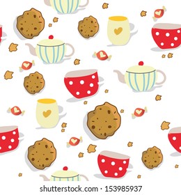 Sweet seamless pattern with different types of pastries, tea, coffee and cakes. 