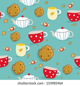 Sweet seamless pattern with different types of pastries, tea, coffee and cakes. 