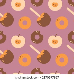 Sweet seamless pattern with donuts and candy apples. Vector illustration