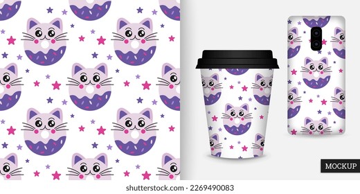 Sweet seamless pattern with donuts and cats. Childish background with cartoon donuts. Vector illustration in flat style. Design for textile, paper, fabric. Mockup.