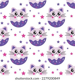 Sweet seamless pattern with donuts and cats. Childish background with cartoon donuts. Vector illustration in flat style. Design for textile, paper, fabric.