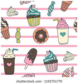 Sweet seamless pattern. Donuts, ice cream,cupcake,coffee drawing.Summer repeat pattern for kids.Vector illustration design for fashion fabrics, textile graphics, prints with pink stripes.