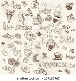 Sweet seamless pattern with drinks and sweets