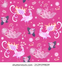 Sweet seamless pattern with fabulous peacocks, flowers, tropical leaves, hearts on magenta background in vector. Natural print for fabric in folklore style. Russian, Indian motifs.