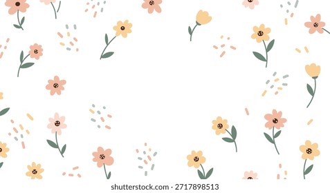 Padrão suave sem emenda com flores amarelas e rosa delicadas com hastes verdes e pontos coloridos em um fundo branco para a primavera.