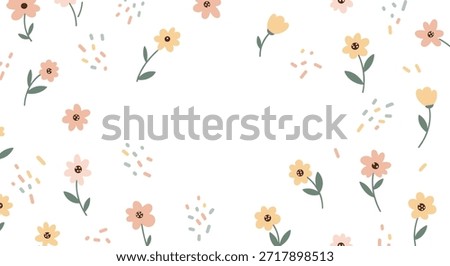 Sweet seamless pattern featuring dainty yellow and pink flowers with green stems and colorful dots on a white background for spring.
