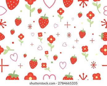 Sweet seamless pattern featuring red strawberries, red flowers with green stems, pink hearts, and crosses on white.